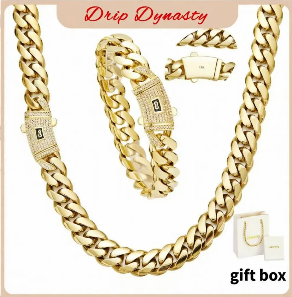 14K Gold-Plated Cuban Bracelet & Necklace Set, 6-14Mm Sizes, Waterproof, Fade-Proof, Hypoallergenic, Timeless Shine Men'S Jewelry Necklace, Perfect Gift Idea for Valentine'S Day, Rapper Chain Tiktokshopspringglowup,Summervibes